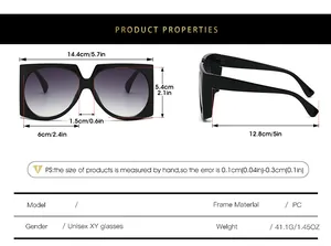 Detailed size chart for square sunglasses showing frame dimensions and PC material specs
