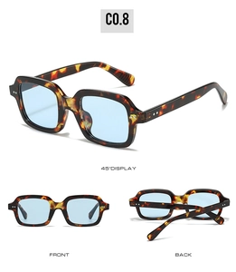 Retro tortoise square sunglasses with blue transparent lenses shown in multi-angle views