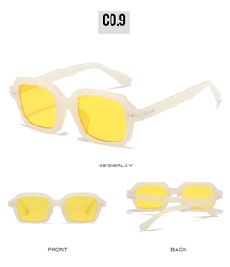 Three views of cream square sunglasses with bright yellow lenses and retro frame details