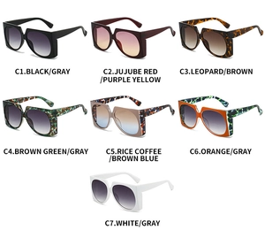 Detailed catalog showing seven color options for vintage square oversized sunglasses