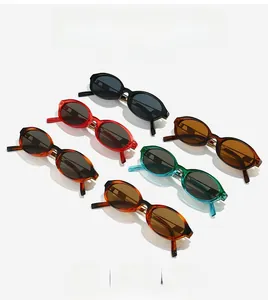 Detailed view of oval vintage sunglasses in black, amber, tortoiseshell, and neon colors