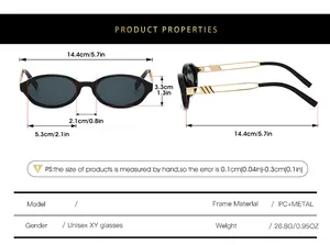 Size chart for oval sunglasses with PC frame and metal temples showing exact measurements