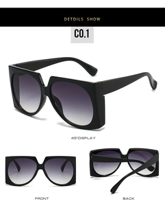 Three views of black square oversized sunglasses with purple gradient lenses C0.1