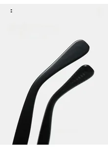 Macro detail of glossy black curved temples on modern square sunglasses for comfort