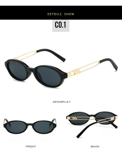 Detailed multi-angle views of vintage oval sunglasses with hollow gold metal temples