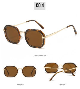 Trois vues de lunettes de soleil carrées écaille avec branches en métal doré et verres bruns