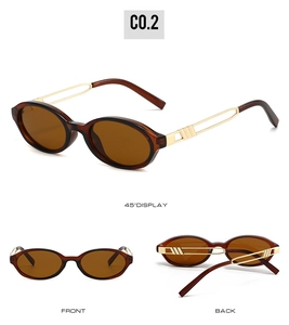Detailed multi-angle views of vintage oval sunglasses with hollow gold metal temples