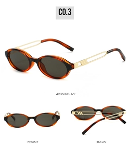 Three-angle view of vintage oval sunglasses with tortoise frames and hollow gold temples