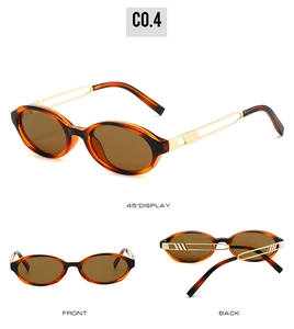 Three views of oval tortoiseshell sunglasses with brown lenses and golden metal temples