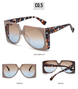 Detailed views of square oversized sunglasses with tortoiseshell temples and gradient lenses