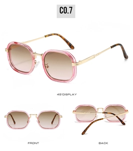 Vue en trois angles de lunettes de soleil dégradé rose avec monture en métal doré chic
