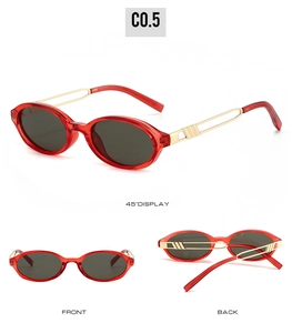 Detailed views of vintage oval sunglasses with red frames and gold metal temple accents