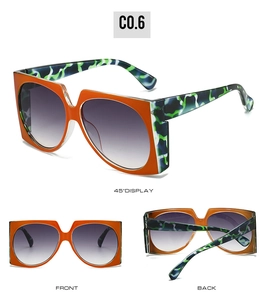 Detail view showing orange square frame sunglasses with green camo temples from multiple angles