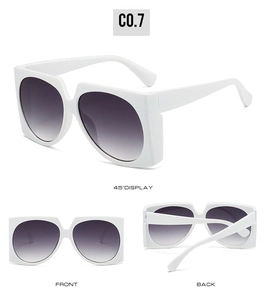 Detailed views of square white sunglasses with dark grey gradient lenses from three angles