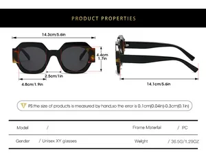 Size chart showing dimensions and PC frame specs of polygon fashion sunglasses