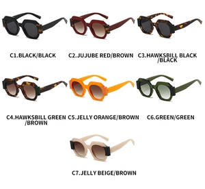 Detailed view showing seven stylish polygonal sunglasses in diverse color options