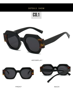 Detail view of black polygon sunglasses with tortoise shell accents on the frame temples