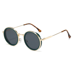 Vintage round metal sunglasses with green trim and gold frames shown at a 45-degree angle