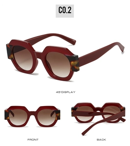 Three-angle view of wine red geometric thick frame sunglasses with tortoiseshell accents