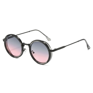 Retro round metal sunglasses with blue to pink gradient lenses and black double-layer frame