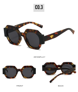 Three perspectives of trendy octagonal sunglasses with thick tortoiseshell frames and wide temples