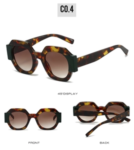 Three-view display of polygonal leopard print sunglasses with gradient brown lenses