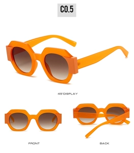 Three perspectives of trendy orange geometric sunglasses with dark gradient lenses