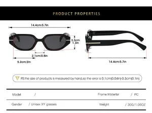 Detailed sizing chart for unisex irregular narrow frame sunglasses with dimensions in cm
