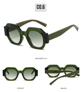 Three-view display of green translucent geometric octagonal sunglasses with gradient lenses