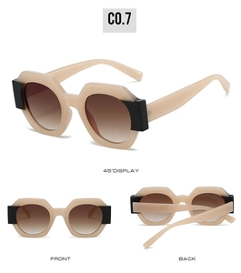 Three-way view of beige and black octagonal thick frame sunglasses with brown lenses