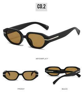Detailed multi-angle views of irregular black frame sunglasses with brown lenses and silver trim