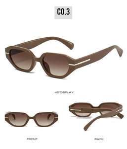 Detailed views of irregular tea-brown sunglasses with gradient lenses and silver accents