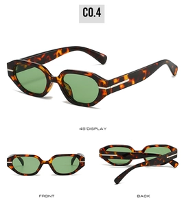 Detailed views of tortoiseshell irregular sunglasses with green lenses and silver metal trim