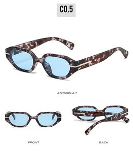 Three perspectives of tortoiseshell hexagonal sunglasses with light blue lenses and gold trim