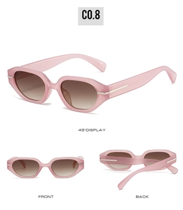 Three perspectives of irregular pink sunglasses with gradient lenses and silver accents