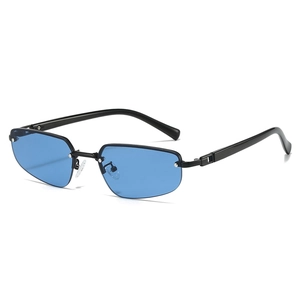 Minimalist rimless sunglasses with blue tinted lenses and black metallic frame