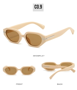 Three perspectives of cream oval sunglasses with brown lenses and metal hinge detail