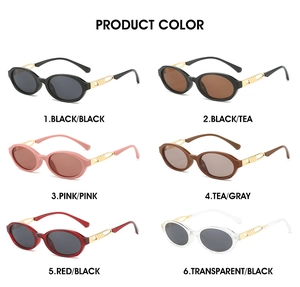 Retro oval sunglasses in six colors with gold metal temple details on white background