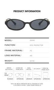 Detailed size chart for retro oval sunglasses showing PC frame and HD lens dimensions