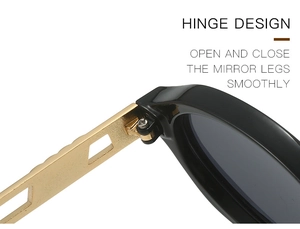 Macro view of durable metal hinge design on retro black sunglasses frame with gold temples