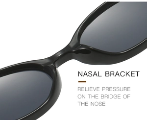 Close-up of the nasal bracket on black retro sunglasses showing pressure relief design