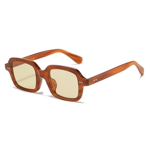 Retro tortoise square sunglasses with yellow transparent lenses and metal rivet accents