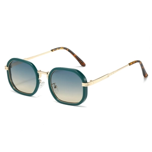 Lunettes de soleil carrées modernes, monture vert foncé et branches dorées