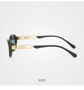 Detailed side view of black sunglasses featuring gold metal cut-out temple design