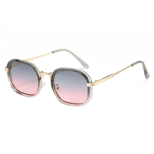 Lunettes de soleil carrées modernes avec pont en métal doré et verres dégradés gris rose