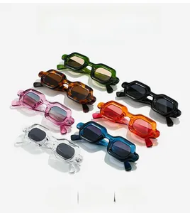 Detailed close-up of Y2K rectangle bubble sunglasses in various trendy colors and thick frames
