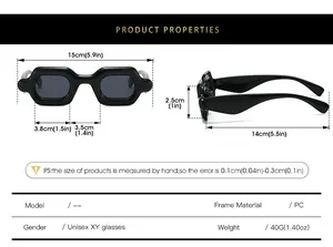 Detailed size chart for Y2K bubble sunglasses with dimensions in cm and inches