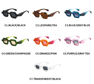 Detailed grid showing seven color variations of Y2K thick frame hexagonal sunglasses
