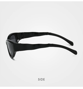 Dettaglio degli occhiali da sole polarizzati cat-eye pieghevoli con design ad aste ondulate