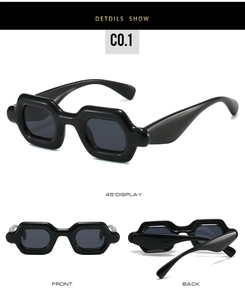 Detailed views of black chunky Y2K bubble sunglasses with dark grey lenses from three angles